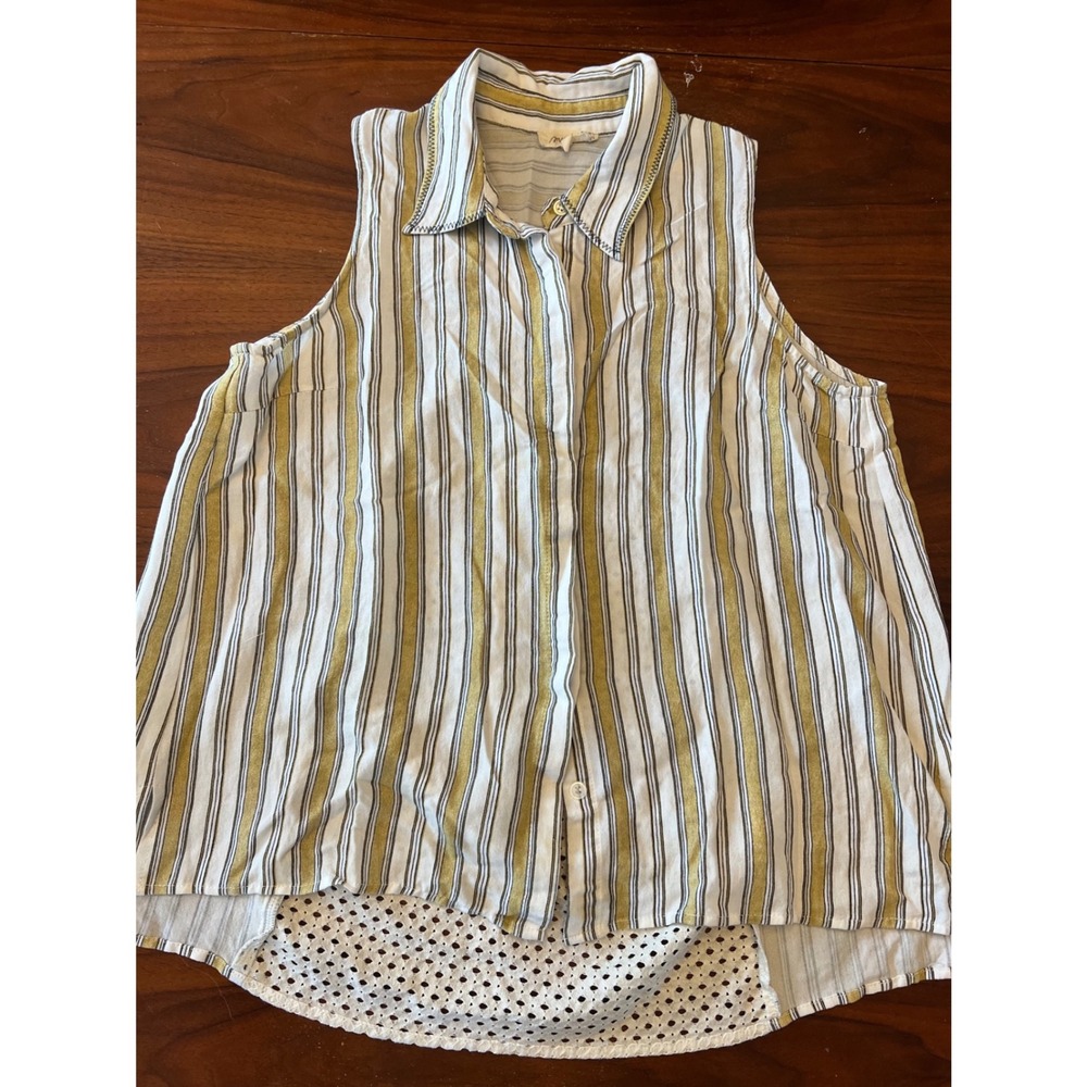Mystree Womens Sleeveless Striped Button Up Top Eyelet Lace Back Mustard White M